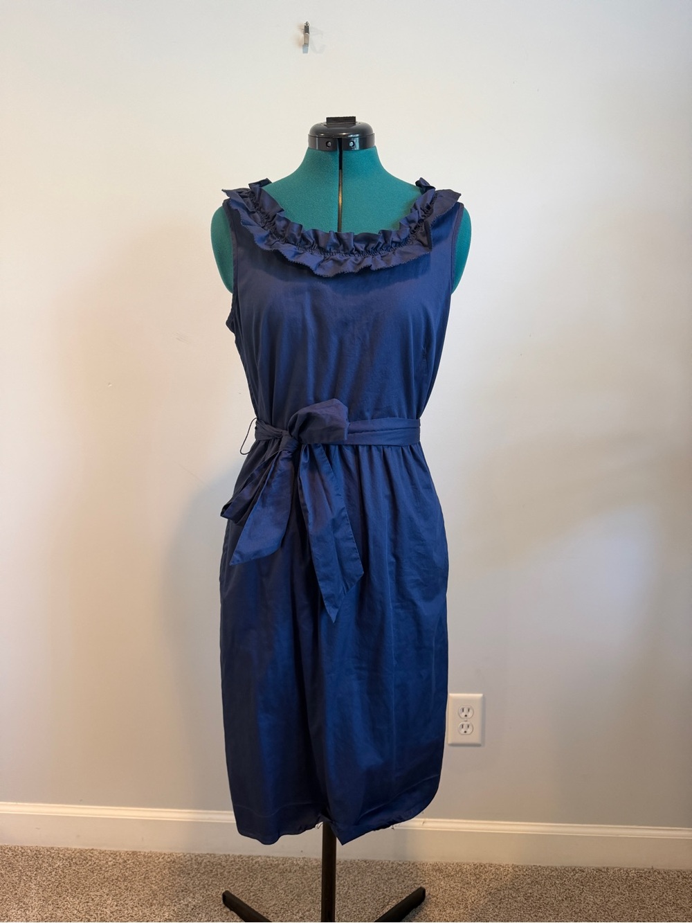 Vintage J Crew Navy Ruffle Neck Sleeveless Dress with Tie Waist